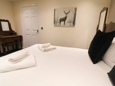 A bedroom with a bed and mirror at The Roe Llanerch Park near St Asaph