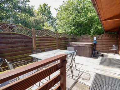 An outdoor seating area with a dining table and hot tub at The Roe Llanerch Park near St Asaph