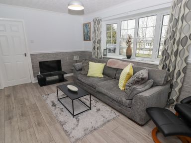 A living room with a gray sofa yellow and patterned cushions a black coffee table a rug a small television and a window with patterned curtains at 48 Gower Holiday Village in Scurlage