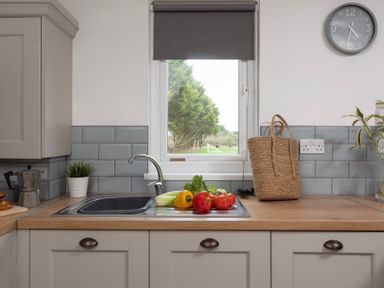 A kitchen sink with vegetables on the countertop and a window showing trees at Bushwood Lodge Wendron near Helston