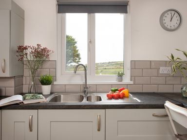 A kitchen sink under a window with vegetables on the counter and plants on the sides at Wheal Jewel Lodge in Wendron near Helston