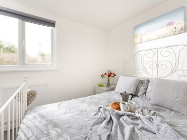 A bedroom with a white metal bed frame grey patterned bedding a bedside table with a vase of red flowers and two green apples and a window with a grey blind at Wheal Jewel Lodge Wendron near Helston