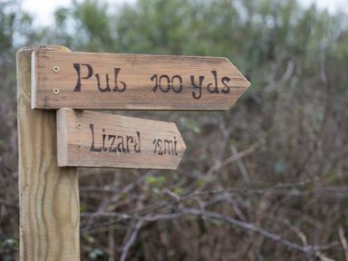 A wooden signpost with directions to a pub 100 yards and lizard 12 miles in a natural outdoor setting at Wheal Jewel Lodge Wendron near Helston