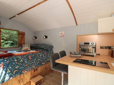 A small room with a bed, cushions, two chairs, a kitchen counter with a toaster oven and stovetop at The Foxes Den Shepherds Hut in Oldbury-On-Severn