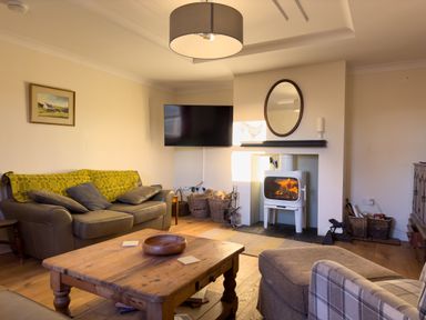A living room with a leather sofa wooden coffee table and a fireplace with a mirror above at Crogal Farmhouse in New Quay