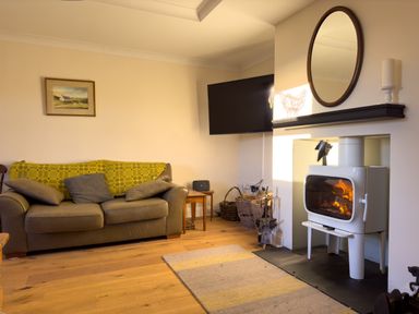 A living room with a leather sofa a wood burning stove and a wall mounted television at Crogal Farmhouse in New Quay