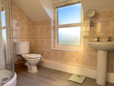 A bathroom with a toilet sink shower and window at Crogal Farmhouse in New Quay
