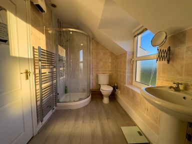 A bathroom with a shower enclosure toilet sink and window at Crogal Farmhouse in New Quay