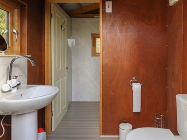 A bathroom with a sink a toilet a toilet paper holder and a door leading to a shower area at Sea the Stars in New Quay