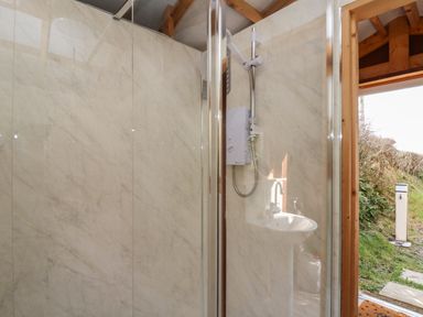 A shower area with a white electric shower unit and a small corner sink near an open door showing grass outside at Sea the Stars in New Quay