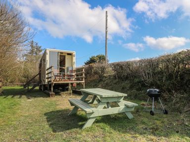 A wooden picnic table and a charcoal grill in front of a small trailer with chairs on the deck in a grassy outdoor area at Sea the Stars in New Quay