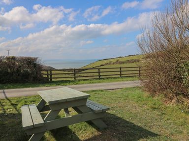 A wooden picnic table on grass with a road and fenced green fields and sea in the background at Sea the Stars in New Quay