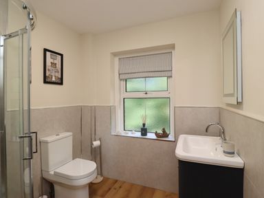 A bathroom with a toilet shower sink window with blinds and framed picture on the wall at 2 Twizel Station Cottage Cornhill-on-Tweed near Norham