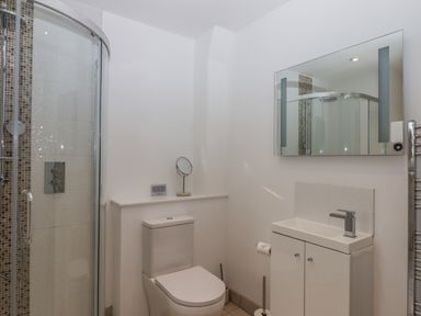 A bathroom with a shower, toilet, sink with cabinet, mirror, and small tabletop mirror at 5 Ocean Reach in Bolberry