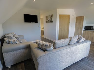 A living room with two gray sofas facing a wall mounted television and a wooden door at Premier Lodge 41 in Dyserth