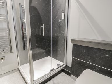 A bathroom with a glass enclosed shower with black marble walls a chrome towel radiator and a white toilet at Premier Lodge 41 in Dyserth