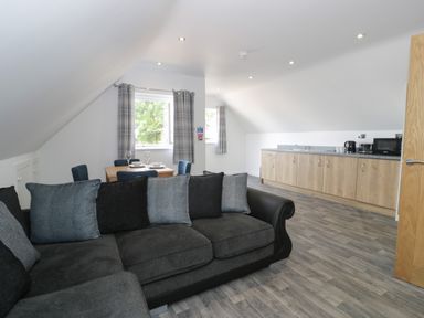 An open living area with a grey sectional sofa, dining table with four chairs by windows, and a kitchenette with wooden cabinets at Classic Lodge 15 in Dyserth