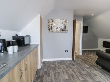 A kitchen area with wooden cabinets countertop coffee machine and microwave next to a living area with dark sofa and a door at Classic Lodge 15 Dyserth