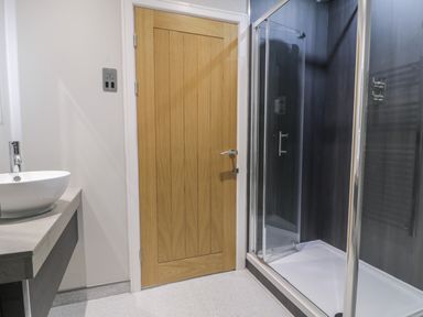 A bathroom with a wooden door a glass shower enclosure and a white sink on a grey countertop at Classic Lodge 15 in Dyserth