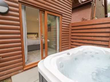 An outdoor hot tub next to a wooden cabin with sliding glass door leading to a bedroom at Luxury Lodge 46 in Dyserth