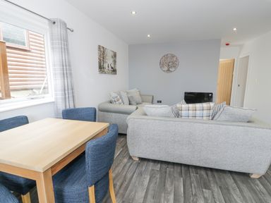 A living room with grey sofas blue dining chairs and a wooden table at Luxury Lodge 46 in Dyserth