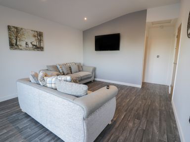 A living room with two grey sofas with cushions a wall mounted television and a painting of deer on the wall at Luxury Lodge 53 in Dyserth