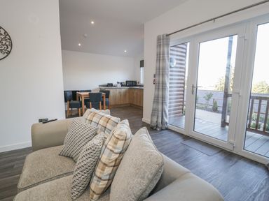A living room with a sofa and cushions next to glass doors showing a patio and a kitchen area with a dining table and chairs at Luxury Lodge 53 in Dyserth