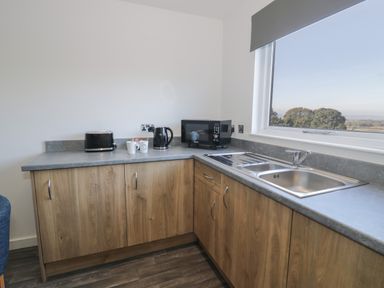A kitchen corner with wooden cabinets a sink a microwave kettle toaster and a window showing trees at Luxury Lodge 53 in Dyserth