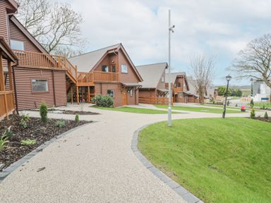 A pathway with grass and trees passing wooden lodges with stairs and balconies at Luxury Lodge 62 in Dyserth