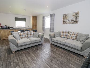 A living room with two sofas and a kitchen area with wooden cabinets at Luxury Lodge 62 in Dyserth