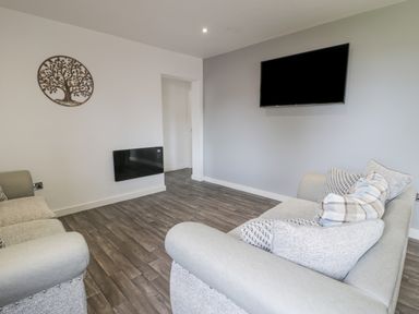 A living room with two sofas a wall-mounted television and a decorative tree wall hanging at Luxury Lodge 62 in Dyserth