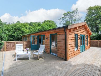 An outdoor patio with chairs and a table at Owl Lodge in Menheniot
