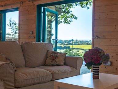 A living room with a sofa and a table at Owl Lodge in Menheniot
