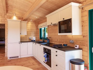 A kitchen with cabinets and appliances at Owl Lodge in Menheniot