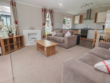A living room with sofas coffee table wooden cabinet and kitchen in the background at Lodge 4 in St Asaph