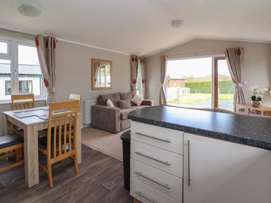 An open living area with a dining table and chairs a sofa and a kitchen island at Lodge 4 in St Asaph