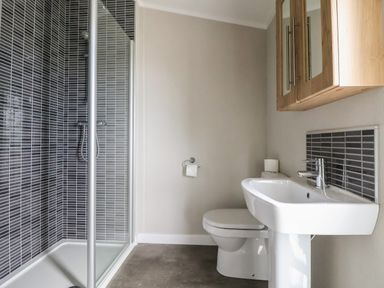 A bathroom with a shower enclosure sink toilet and wooden cabinet at Lodge 4 in St Asaph