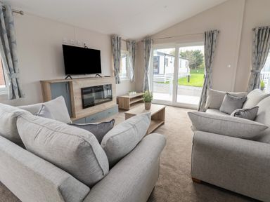 A living room with two light grey sofas a wooden coffee table and a TV on a wooden stand with an electric fireplace at Lodge 9 in St Asaph