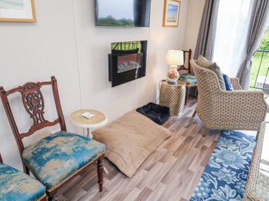 A sitting area with antique wooden chairs a woven armchair small side tables lamps a wall mounted tv and fireplace and pet beds at The Hoot in Great Finborough near Stowmarket