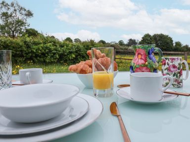An outdoor table set with croissants orange juice cups and floral-patterned pitcher and mug with a field and trees in the background at The Hoot in Great Finborough near Stowmarket
