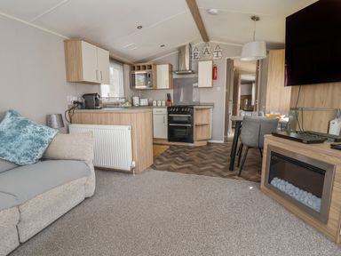 A living room with sofa beside a kitchen area with cabinets and appliances and a dining table in the background at Woodlands Lodge in Bontuchel near Ruthin