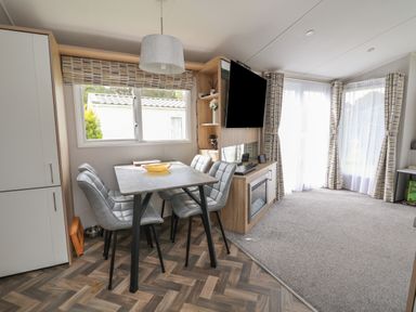 A dining area with a table and chairs next to a window and a living area with a TV and fireplace at Woodlands Lodge in Bontuchel near Ruthin