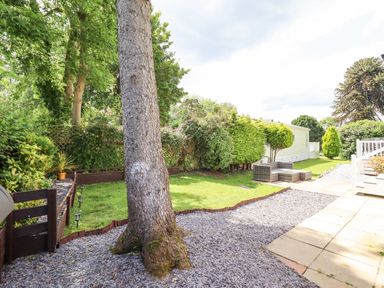 A backyard with a large tree patio seating and a mobile home at Woodlands Lodge Bontuchel near Ruthin