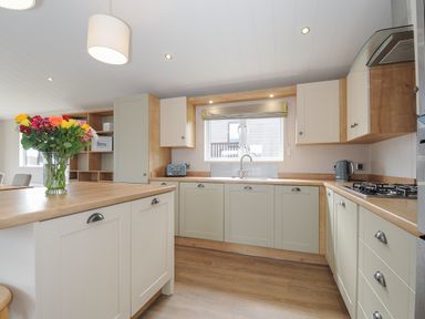 A kitchen with cabinets a gas stove a sink a toaster a kettle and a vase of flowers on the counter at Lodge 67 at Riviera Bay Coastal Retreat Brixham