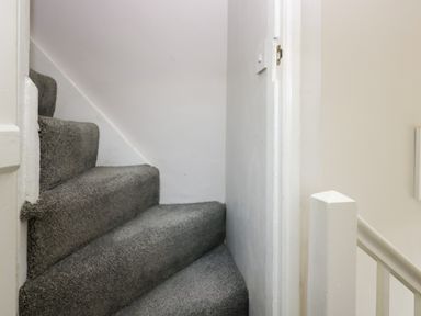 A narrow carpeted staircase with white walls and a white wooden railing at Acorn Cottage in Windermere