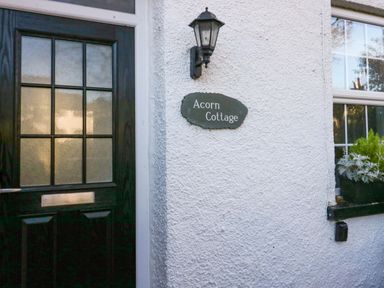 A front door with glass panels next to a wall lamp and a sign reading Acorn Cottage at Acorn Cottage in Windermere