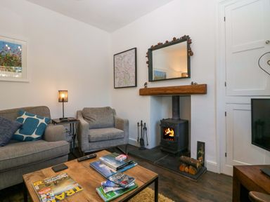 A living room with a wood burning stove a sofa armchair coffee table and wall art at Acorn Cottage in Windermere