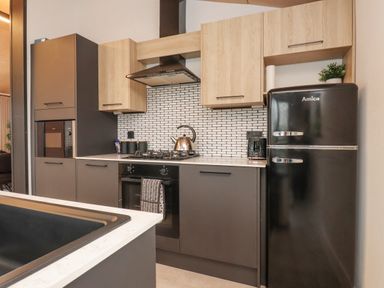 A kitchen with black refrigerator and oven black sink and stove with kettle on counter at Encil Gyfrinfa in Gwynus near Llithfaen