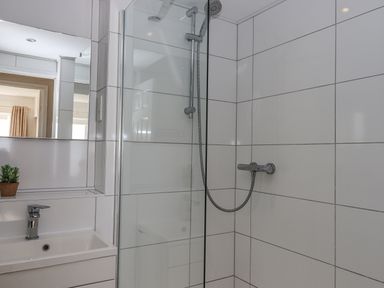 A bathroom with a shower area with glass partition and a white sink with a tap and a small plant at Seahaze Downderry