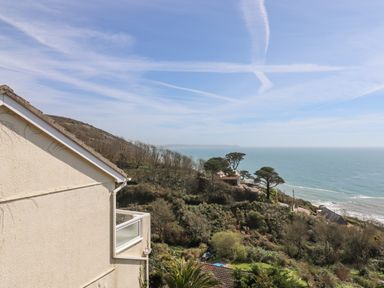 A coastal view showing part of a building roof with hillside vegetation and the sea in the distance at Seahaze in Downderry